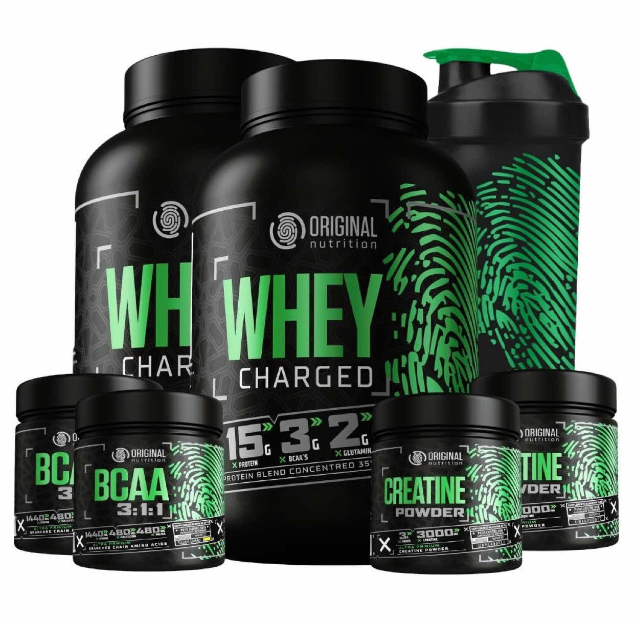 Kit 2x  Suplemento em pó Whey Protein Charged + 2 Bcaa + 2 Creatina + Shaker coqueteleira Original #creatina #academiamotivação #suplementos #saudeebemestar #wheyprotein 