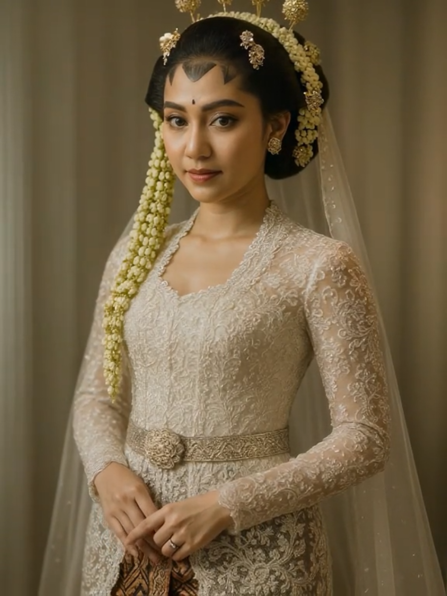 💎 PROMPT PENGANTIN JAWA: A Javanese bride in an elegant white kebaya, intricately embroidered and adorned with delicate beadwork, stands gracefully with a soft, composed smile. Her hair is styled in a classic sanggul, embellished with jasmine flowers and golden ornaments that glisten under the warm white light. A subtle paes frames her forehead, symbolizing beauty and inner strength. Draped around her waist is a richly textured batik kain, secured with a traditional belt featuring a silver keris sheath-evoking nobility and heritage. The scene captures ultra-fine fabric details, from the sheer veil's tiny bead patterns to the ornate lace that shimmers with every movement. Shot with a shallow depth of field and cinematic portrait framing, the image exudes serenity and timeless elegance-ready as a 4K wallpaper that honors both tradition and visual artistry. --ar 9:16 --style raw --v 6 --quality 4k --photorealistic --hd --soft light --rich fabric texture 1. Buka ChatGPT (Gratis) 2. Copy Prompt diatas.  3. Paste teks prompt di ChatGPT 4. Generate gambar! 😁 #prompterchallenge #prompt #modelai #chatgpt #prompter