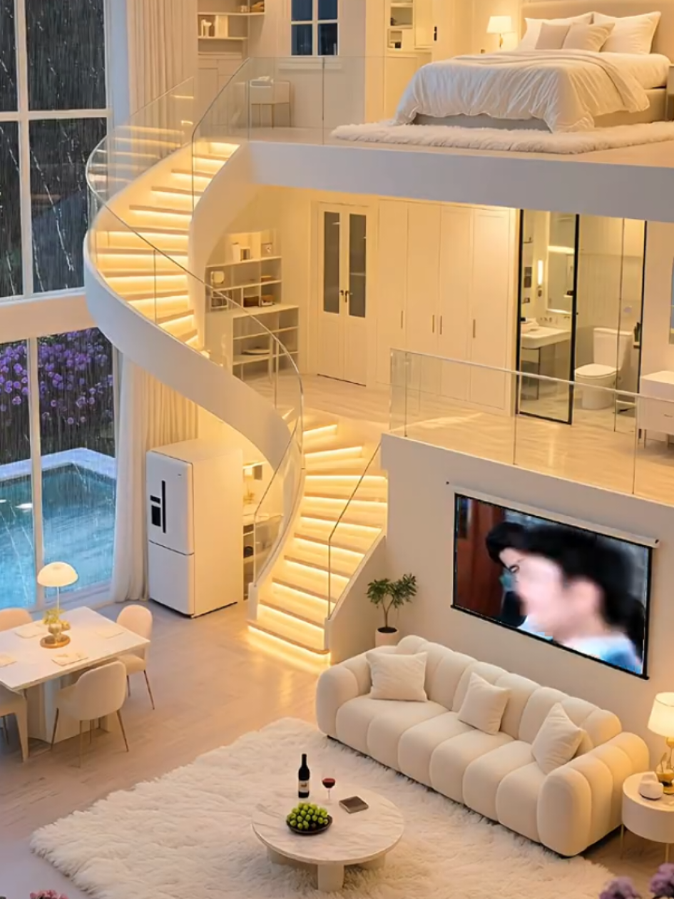 Chiếc cầu thang uốn quanh trong căn phòng nhỏ bên ngoài 1 chiếc bể bơi ai chả ước vậy #nhadep #binhyen #canhdepthiennhien #thiennhien #vungque #chill #chillwithtiktok #thomong #canhdep 