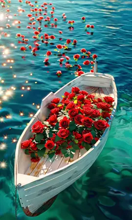 🌹 A boat full of love drifting on a sea of dreams ✨ #RoseBoat #FloatingBlooms #OceanRomance #SerenityAtSea #FloralEscape #RomanticVibes #PetalsAndWaves #SunlitWaters #NaturePoetry #PeacefulMoments 