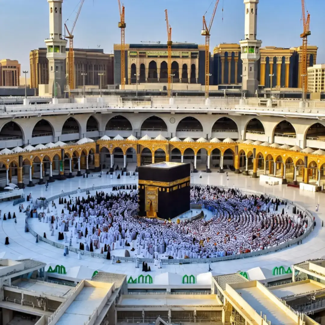 The image you shared is a stunning depiction of the Kaaba in Masjid al-Haram, Mecca, with worshippers walking around it during what appears to be either sunrise or sunset. The scene is framed with palm trees and flowers, adding a peaceful and spiritual vibe to the moment.