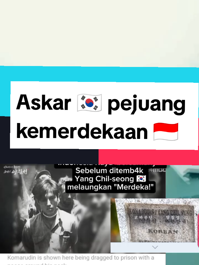 Yang Chil Sung, along with four others—two Koreans and two Japanese—joined the Pangeran Papak Forces under Major SM Kosasih in Majalaya. They integrated into the local community, converted to Islam, taught various skills, and adopted new names: Komarudin (Yang Chil Sung), Aboe Bakar (Masashiro Aoki), Oemar (Lee Gil Dong), Soebardjo (Guk Jae-man), and Oesman (Hasegawa Katsuo). In March 1946, Bandung was hit by war. Hundreds of Indonesian youth groups from all over the city of Pasundan gathered in Bandung to fight Allied troops and remaining Japanese soldiers. One of them was Pasukan Pengeran Papak (PPP) from Garut, a town in West Java. Komarudin and eight fellow soldiers joined PPP to fight for Indonesia's independence from Dutch colonial rule. Credit: Korea.net Komarudin: revered Korean fighter for Indonesian independence