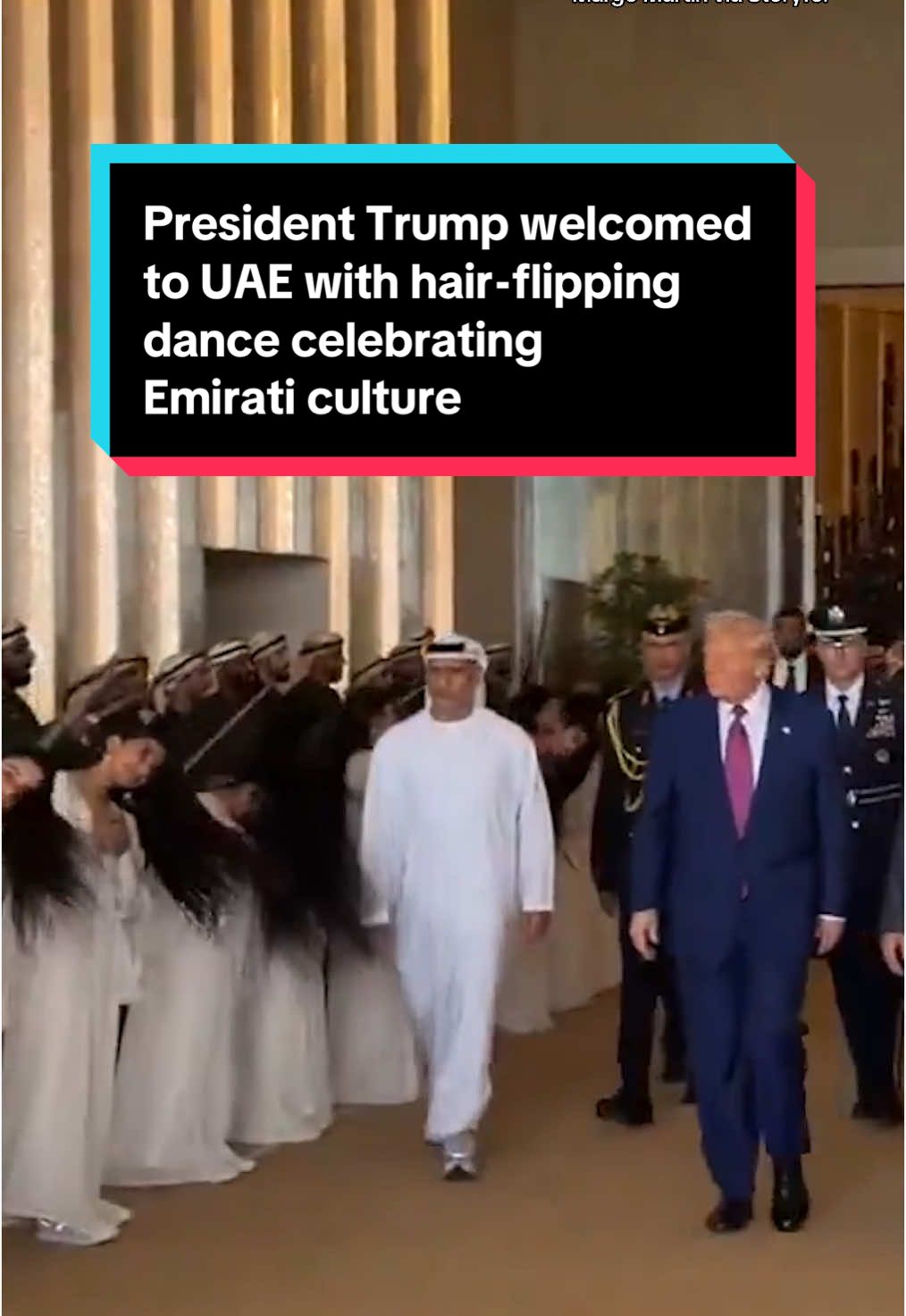 President Donald Trump was welcomed to the United Arab Emirates on Thursday by a group of dancers performing Khaleeji, a dance that involves the performer swinging their hair from one shoulder to another. The performance is a popular dance in the UAE, which has its roots deeply embedded in the Bedouin lifestyle and traditions. It serves as a symbol of national identity and unity, reflecting the heritage of Emirati culture. Women in white dresses flip their hair in rhythm while men drum and chant poetry behind them with swords, representing peace and togetherness. The inclusion of women in the performance highlights the evolving roles and contributions of women in preserving and promoting cultural traditions. It is recognized by UNESCO as part of the Intangible Cultural Heritage of Humanity, recognizing its importance as a cultural expression and its role in fostering social cohesion and cultural continuity. #trump #uae #dubai #women #dance #culture 