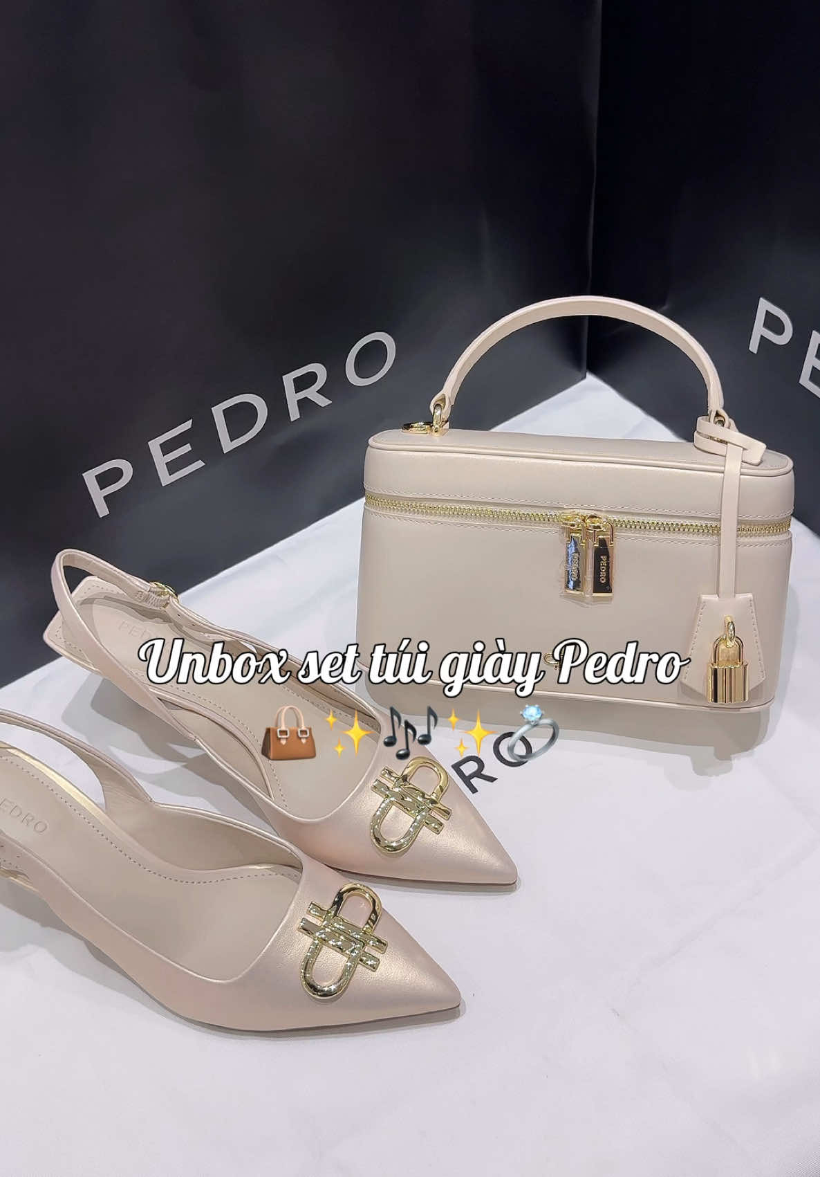 Unbox set túi giày champagne trịu diu, bản logo mới sangg vá nạ ✨🥰 #sangnguyenpedro #unboxing #xuhuong #pedro 