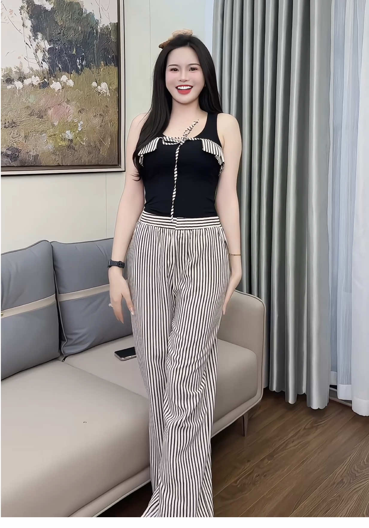 Quần kẻ ống suông rộng kèm tai bèo thắt nơ #review #champhanriview #champhan #thoitrangnu #quần #quanongsuong #quankesoc 
