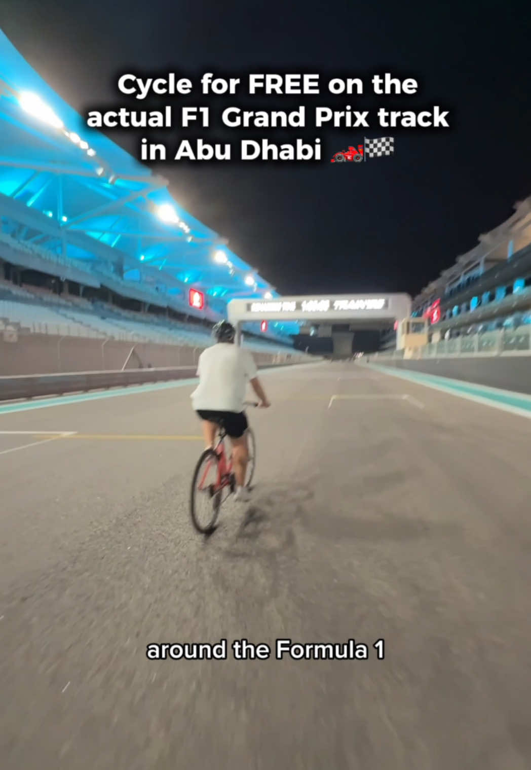 You can cycle the actual F1 track in Abu Dhabi… for FREE 👀🚴‍♂️🇦🇪 Ride under the floodlights at Yas Marina Circuit, where F1 legends have raced, no booking, no fee, just vibes 🏁💡 Grab a free bike and helmet, register with the on-site Wi-Fi, and go. Mondays to Wednesdays, 6–10PM (Tuesdays are ladies only!) 🚲✨ Bring water, wear something comfy, and save this for your Abu Dhabi trip 💧🌙 #yasisland #yasmarinacircuit #abudhabi #abudhabitravel #formula1 #fexperience #travelhacks #f1 #fracing #bucketlistadventure #traveltips #thattravelcouple #thingstodoinabudhabi #uaetravel #bucketlistuae #cyclingtok #f1fans #abudhabi🇦🇪 #CapCut 