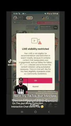 #tiktok still digging into their bag of tricks but #surprise this frivolous #violation #notification doesn't apply to our @tiktoklive_us the hottest ♨️ 🔥 interactive #chat #game #play content either. 