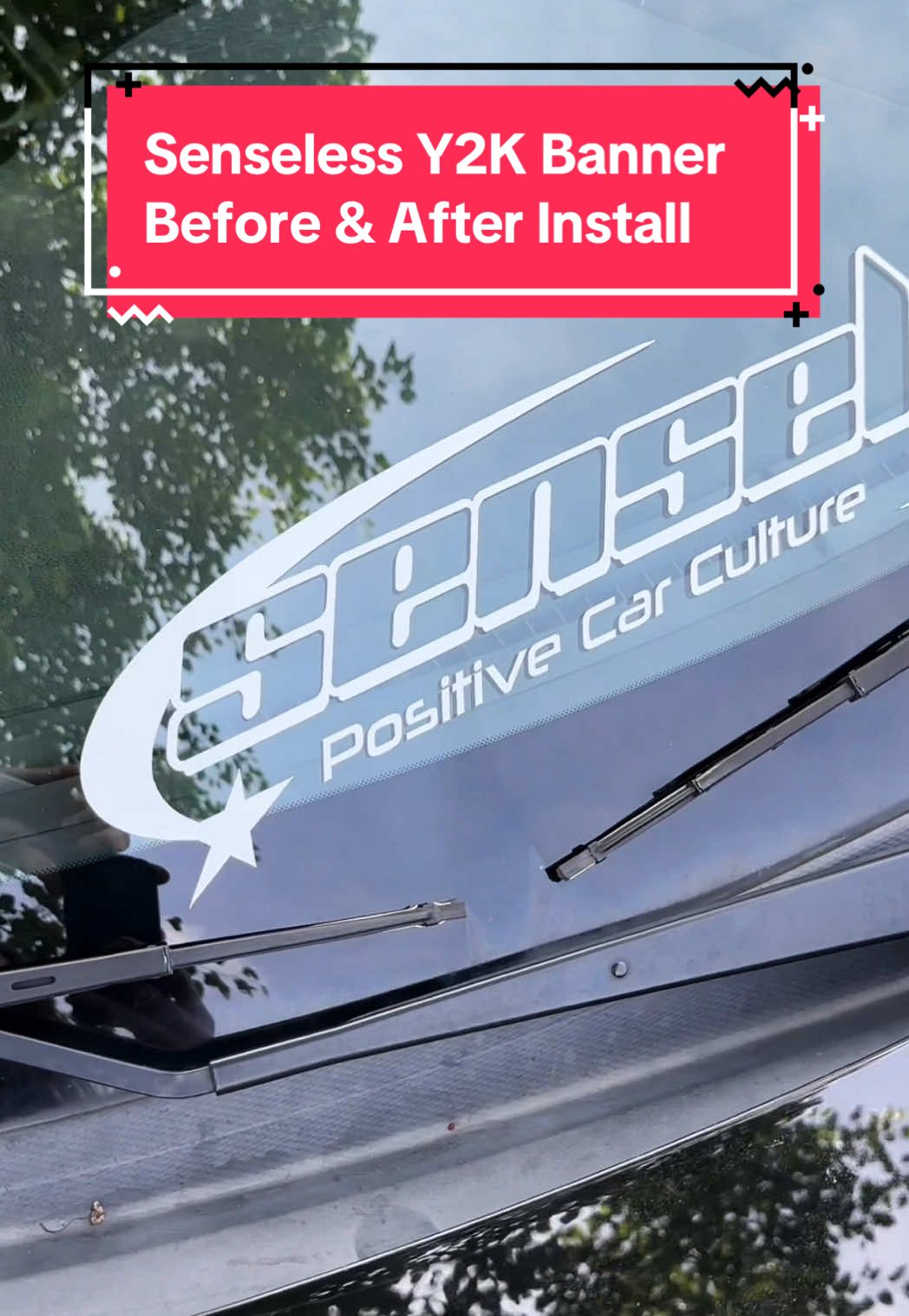 Before and after installation of our Senseless Y2K Style Window Banner! I really love how this looks on the front windshield 😍 Make sure to check out our shop for more vinyl window banners, vinyl car stickers, and other car window stickers! #vinylstickers #vinylbanners #carstickers #windshieldbanner #windowbanner #carwindowdecal #tiktokshopfinds #stickershop #y2kaesthetic 