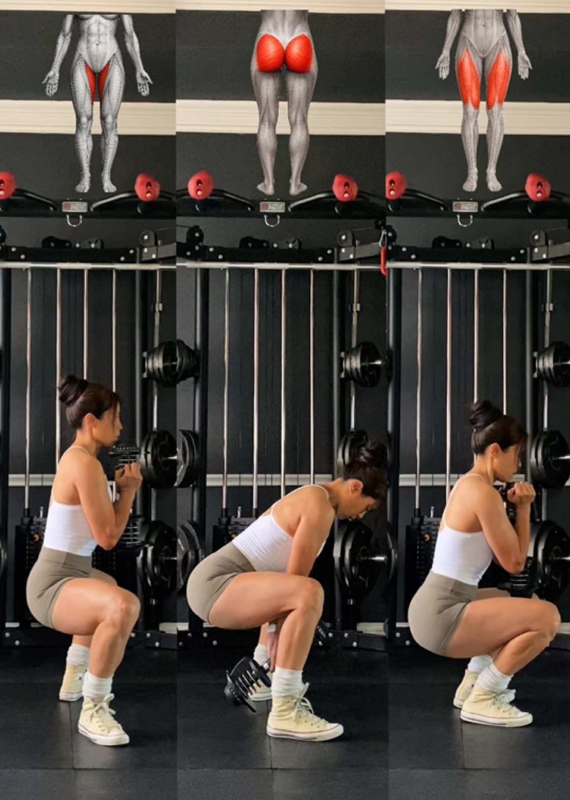 Different squat stances target different muscle groups: 	1.	Goblet Squat: Feet hip-width apart, toes slightly forward, torso stays upright while squatting down. This variation focuses more on the quadriceps (front of the thighs). 	2.	Sumo Squat: Feet slightly wider than shoulder-width, toes turned slightly outward, hinging at the hips. This emphasizes the gluteus maximus. 	3.	Wide-Stance Sumo Squat: Feet about 1.5 times shoulder-width apart, toes turned outward more, torso stays upright. This variation effectively targets the adductors (inner thighs). #quads #gluteworkout #gym #gymrat #gymtips #fyp #squat #Fitness 
