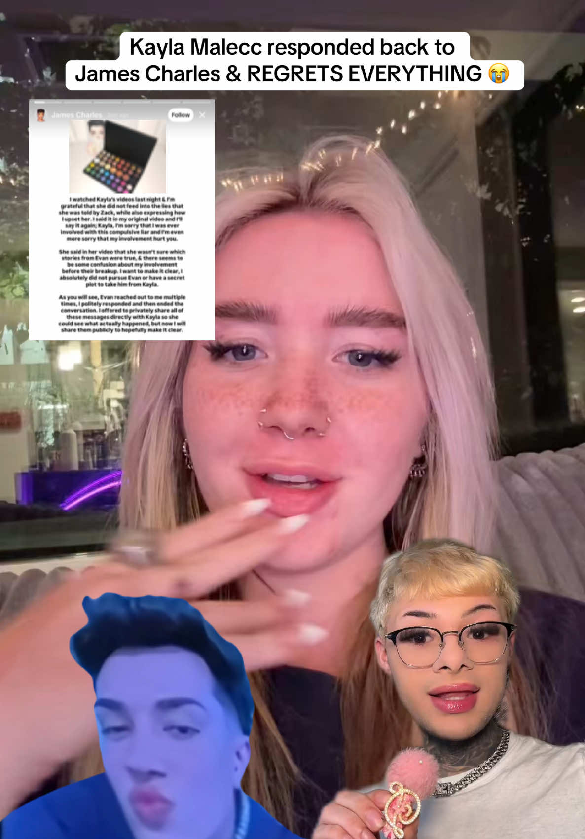 Replying to @av Kayla Malecc responded back to James Charles😱 & REGRETS EVERYTHING 😭 #jamescharles #kaylamalecc #evanjohnson #beebetter #zachsellar #drama #tea #meninmakeup #boyinmakeup #jamescharlespalette #makeup 