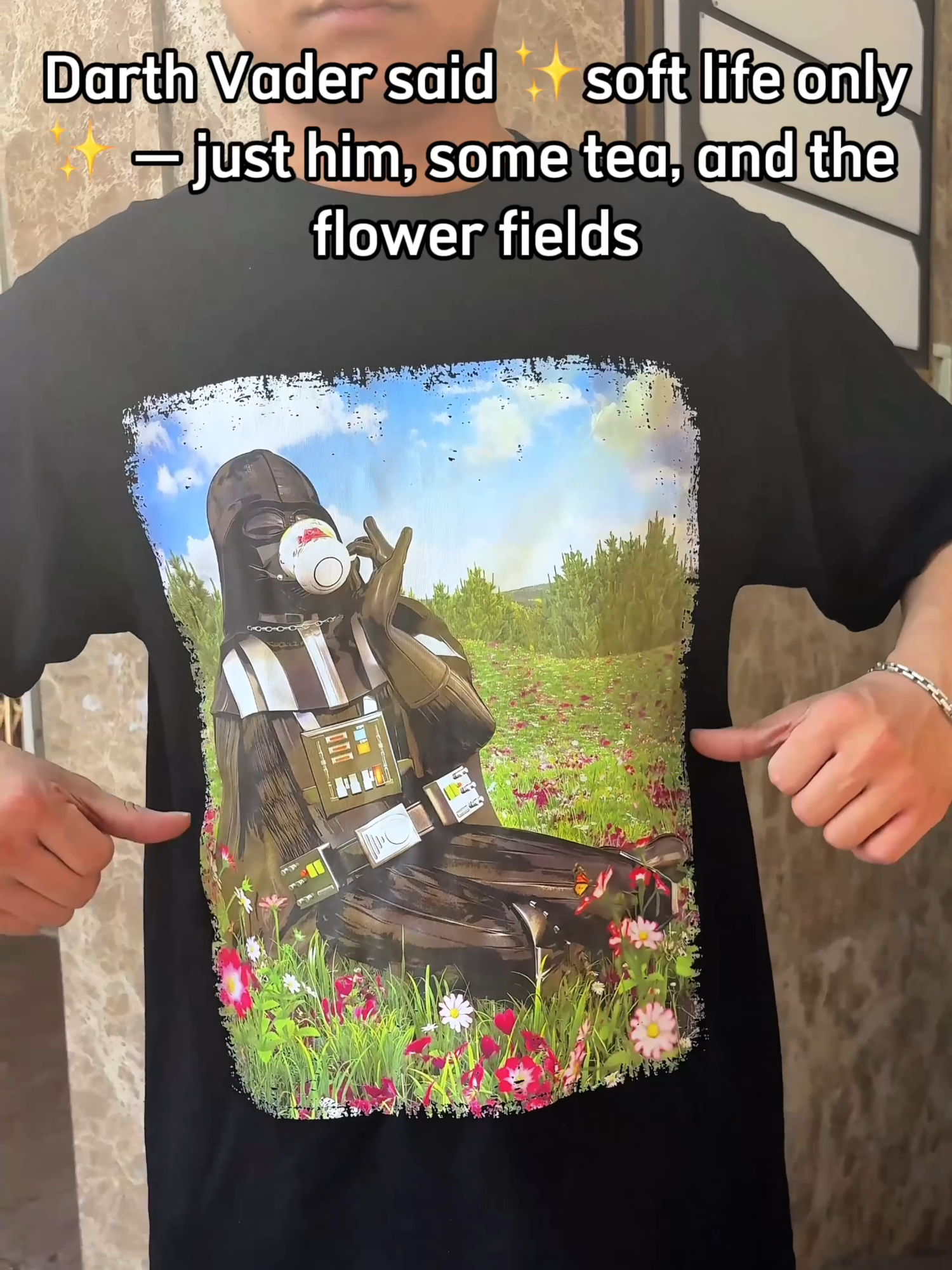 Dark Vader in the flower field? It's quite cute.... #starwars #starwarstiktok #darthvader #starwarsmerch #starwarshirt #funnyshirt #tiktokshop #fyp