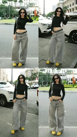 this outfit combo>>> #combo #outfit #outfitinspo #fyp #fypp #fypシ゚ #foryoupage #fypage #basictop #baggypants #yellowshoes #onitsuka 