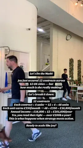 Let’s Do the Math! Joy just secured 12 contracts across 12 UK cities — but how much is she really making? Let’s break it down: 12 contracts Each contract = 4 units → 12 × 4 = 48 units Each unit earns £350/month → 48 × £350 = £16,800/month Annual income = £16,800 × 12 = £201,600/year Yes, you read that right — over £200k a year! This is what happens when strategy meets action. Ready to scale like Joy? #SmartInvesting #PropertyWealth #WinningSeason #12Contracts12Cities #alabestha #ContractSuccess #StartYourBusiness #StartYourBusiness 