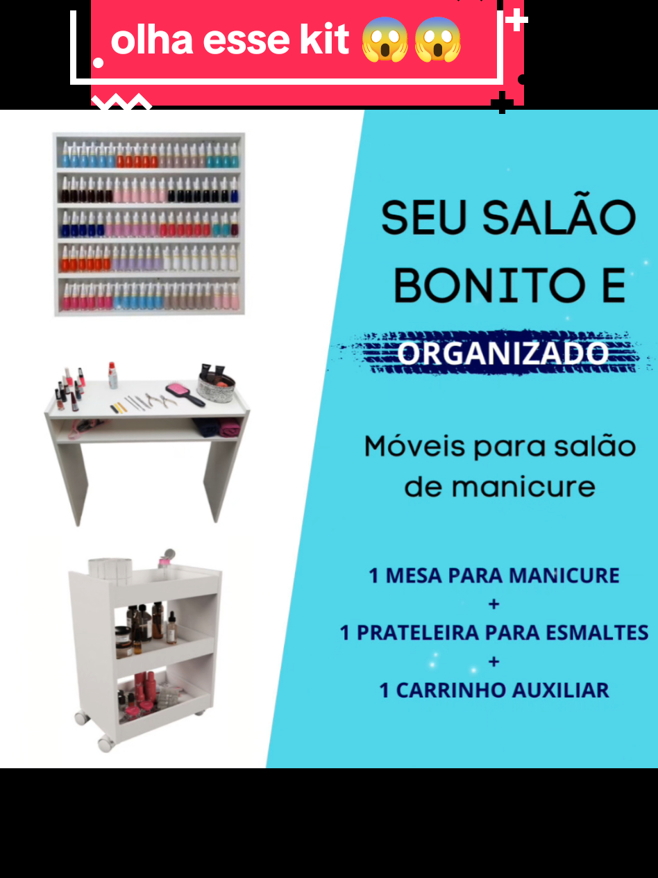 Dê uma olhada em Kit Para Manicure Com Mesa + Prateleira de Esmaltes + Carrinho Auxiliar com 3 Bandejas e Rodinhas MDF. #manicure  #pedicure  #esmaltes 