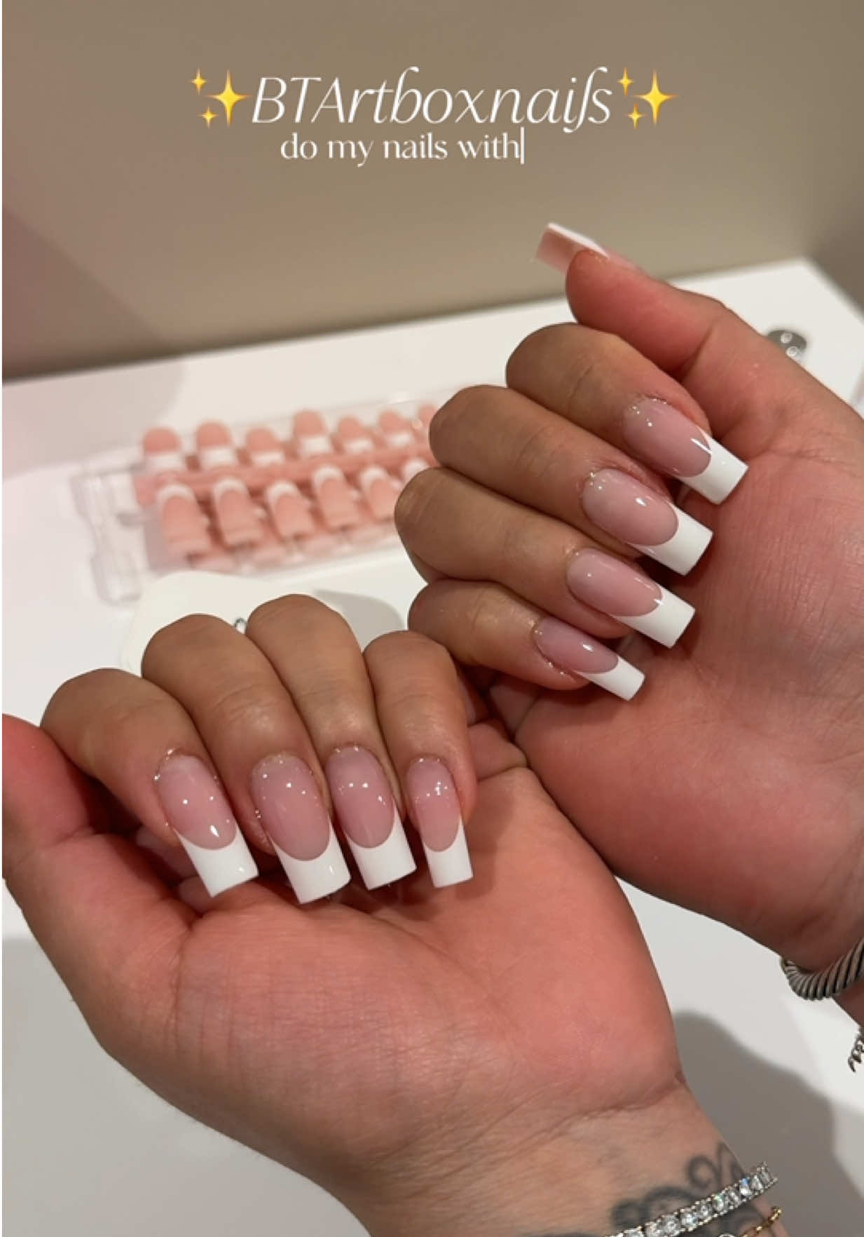 the best press ons i’ve ever used! 💅🏻 @BTArtboxnailsofficial #xcoattips #btartboxfrenchnails #frenchnails #fyp #nailsathome #diynails #pressonnails 