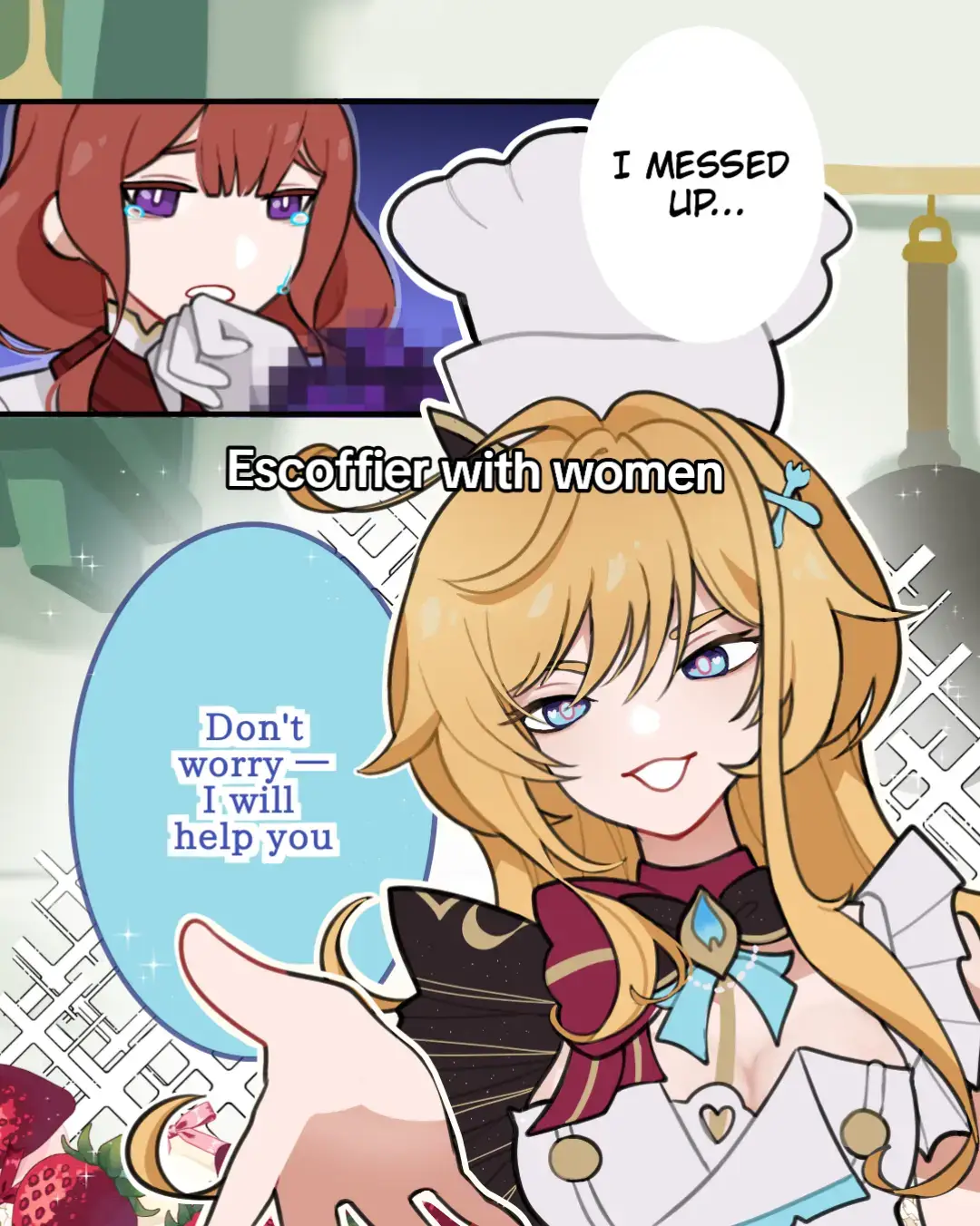 some art I made of Escoffier!! the last is an official sticker and it's such a mood #genshinart #genshinfanart #genshinedit #genshinmemes #hoyocreators #furina #escoffier #GenshinImpact #genshin 