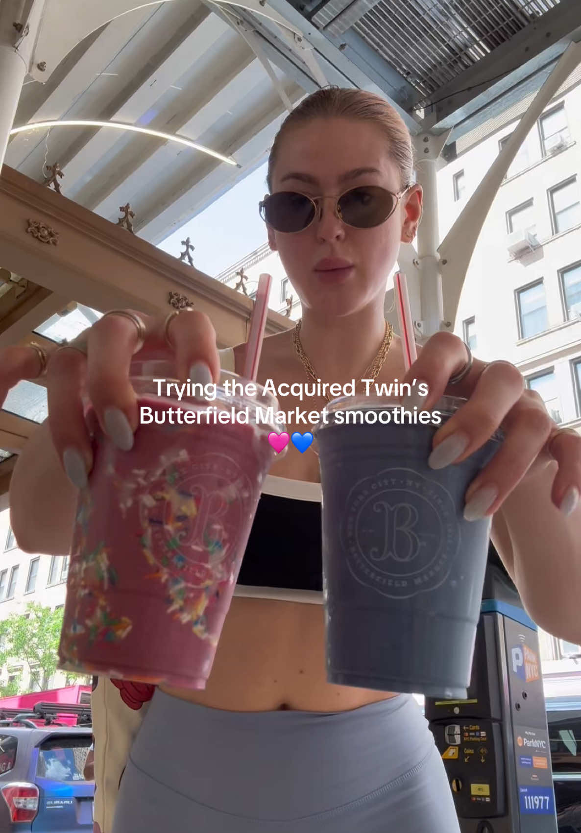 Finally trying my besties smoothies!!! @ACQUIRED STYLE @DaniellePheloung 🩷💙 Made my 5 mile walk worth it girls. #butterfieldmarket #smoothie #tastetest 