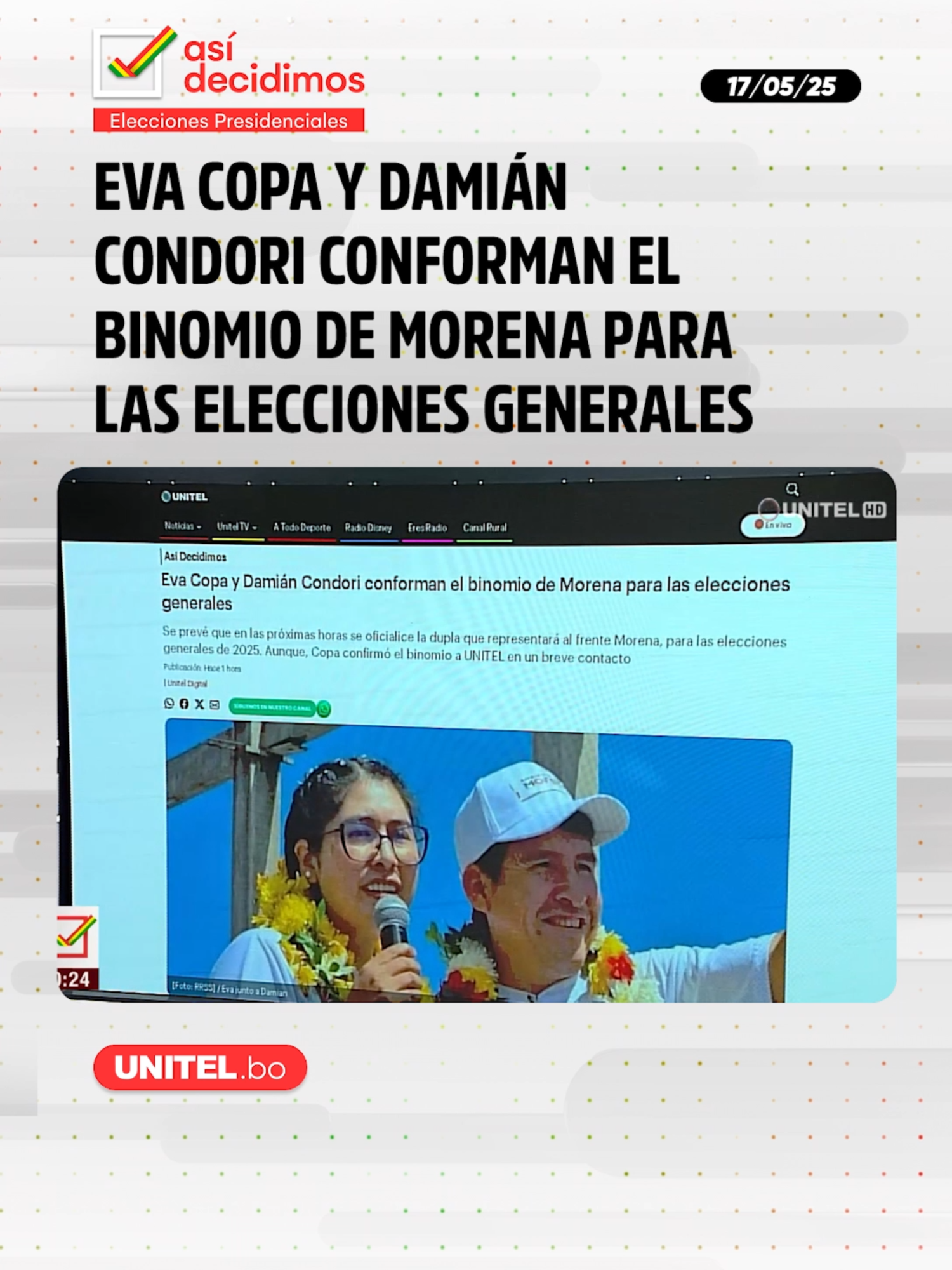 Eva Copa y Damián Condori conforman el binomio de Morena para las elecciones generales #Unitel#AsíDecidimos#Binomio#Elecciones #EvaCopa #DamiánCondori #Alerta #Noticia