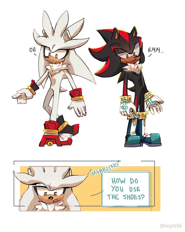 Wait, do I even call that clothes or accessories?? Anyway, I like fanart where characters swap clothes and the clothes have an actual way to use them correctly so in the end when one of the characters miserably fails to use them it's something silly and light-hearted :) #myart #sonicfandom #sth #digitalart #silverthehedgehog #shadowthehedgehog #sonic #comicstrip #shadilver #silvadow 