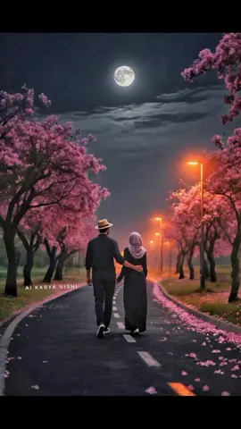 menikmati suasana malam,dibawah sinar cahaya rembulan berjalan berdua dengan mu, diantara pohon bunga bunga yang bersemi, sangat menyenangkan🥰😍🤪😊😁#moon #scenery #pemandanganindah #scenery #fyp #flowers #nishi #aikaryanishi #ai #lukisanai #capcut #hijab #vidioai #halusinasi #menghayal #