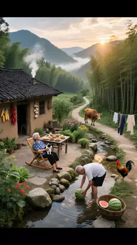 💛 ♥️🍒🍒When you and I are old, we will choose a small courtyard. With green mountains as the curtain and streams as the strings, we will guard this corner of fireworks and happiness together in the depth of time. #villagevibes #newtrendingvideo #aivideo #village #fypviralシ 