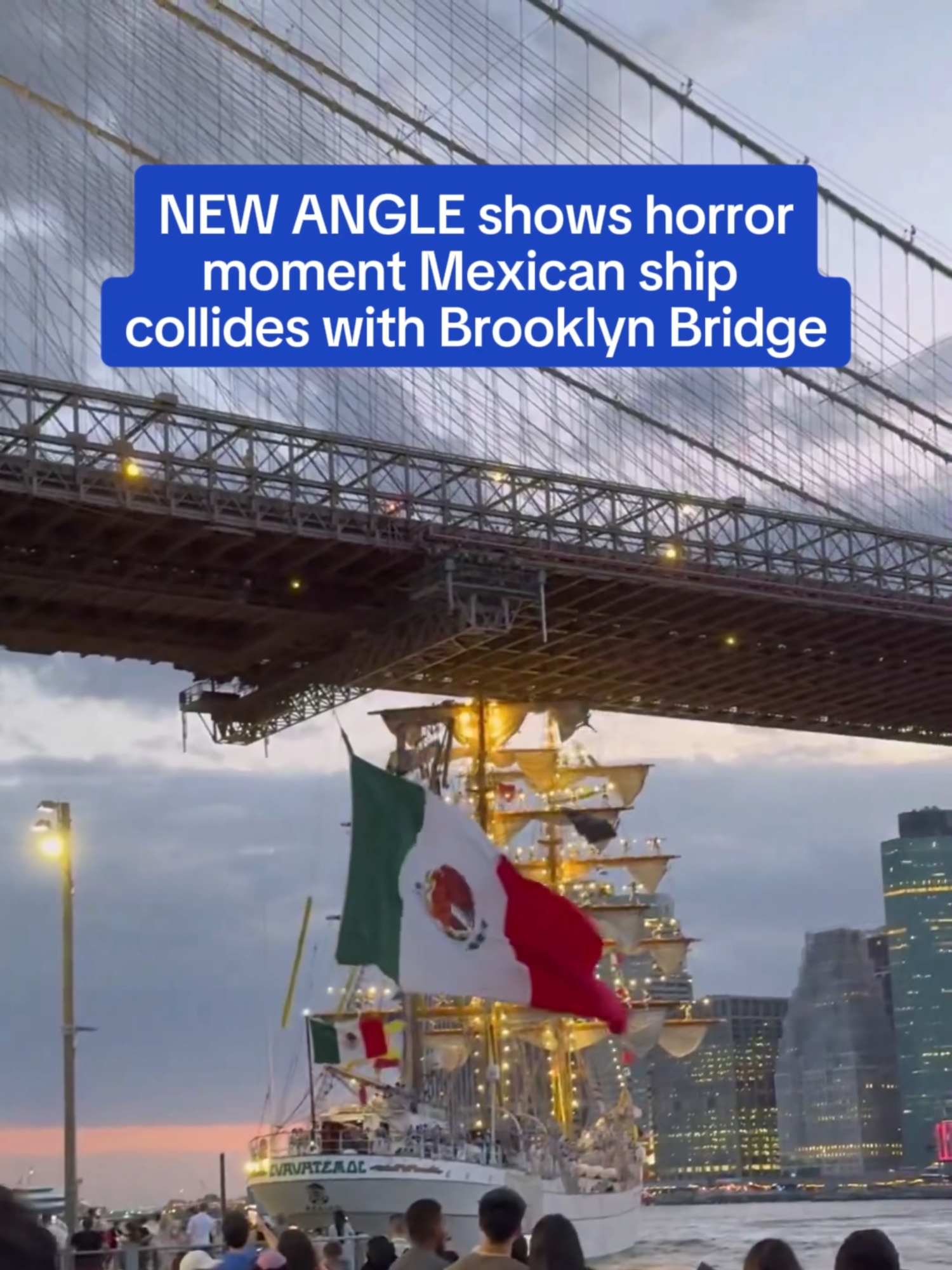 Two people have been killed after a towering Mexican navy ship slammed into the Brooklyn Bridge. The Cuauhtémoc navy ship carrying 277 people collided with the Brooklyn Bridge, resulting in at least two deaths and more than a dozen injuries. #news #newyork #mexico#Brooklyn