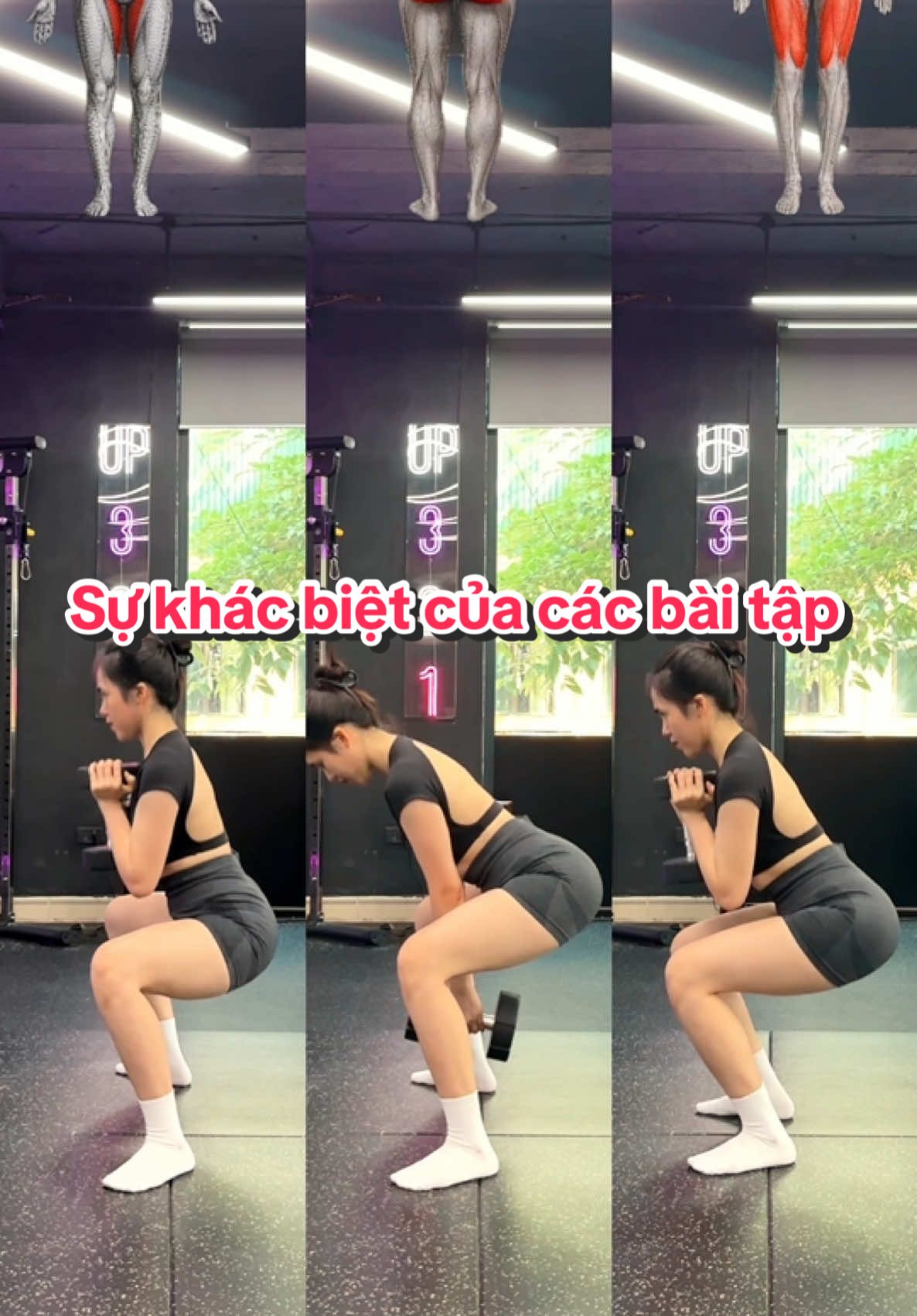 Các tư thế khác nhau tác động vào nhóm cơ khác nhau:  1. Wide- stance Sumo Squat: Chân rộng gấp 1,5 lần vai, bàn chân hướng ra ngoài nhiều hơn, người giữ thẳng. Bài này tác động vào đùi trong.  2. Sumo Squat: Chân rộng hơn vai 1 chút, bàn chân hơi hướng ra ngoài, đẩy hông ra sau người đổ về trước, bài này tác động vào cơ mông.  3. Goblet Squat: Chân rộng bằng hông, bàn chân hơi hướng về trước, người chếch nhẹ về trước( thẳng lưng thì sẽ tác động nhiều hơn), bài này tác động vào đùi trước #gym #trangfit_ness #gymmotivation #xuhuong #xuhuongtiktok #fyp 