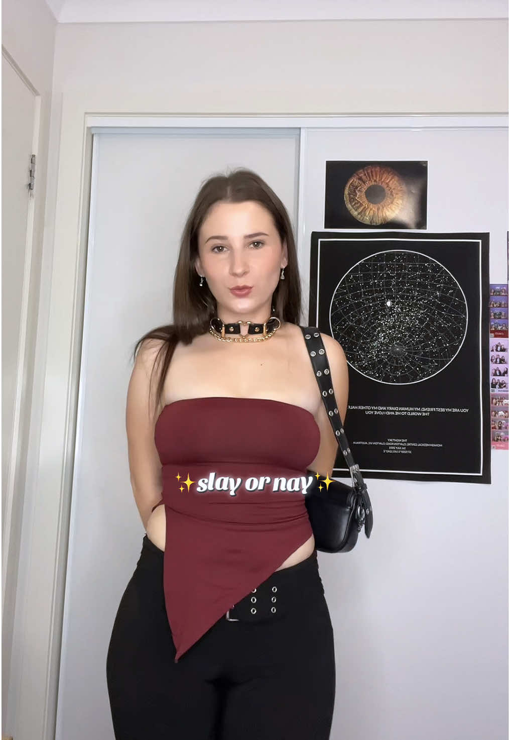 Mia styling our Liquorice Black Kimmi Choker 🖤 Is the fit a slay or a nay? ❤️‍🔥 Did you know our Liquorice Black Kimmi Choker is made from vegan corn peel leather! 🌱 Soft, durable and guilt free, that’s a slay for us!  #styleinspo #OOTD #altfashion #altfashiontiktok #choker #veganleather #stylingideas 