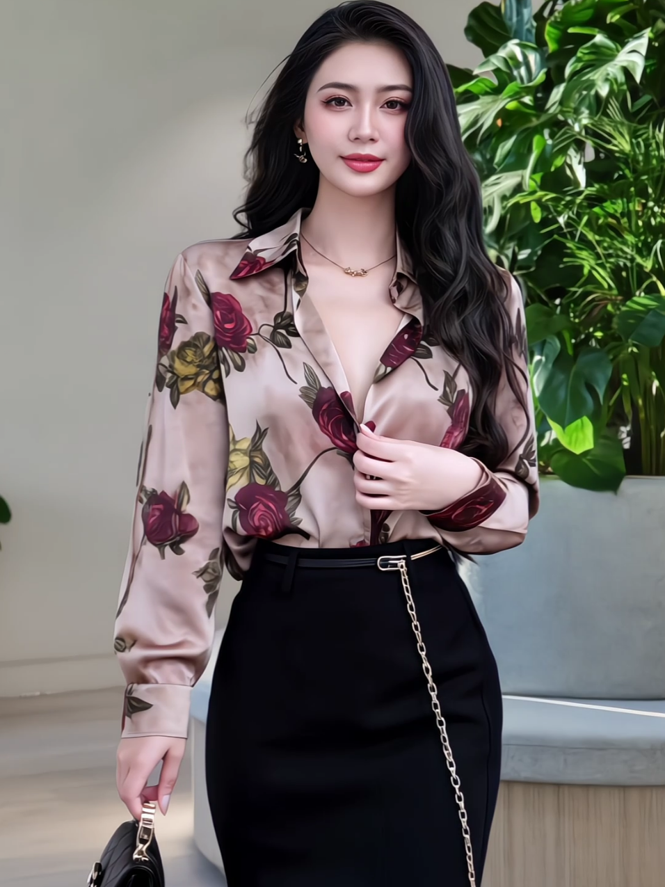 Sơ mi lụa hoa hồng bông MQ Boutique họa tiết hoa hồng to nền nâu mềm mịn mát nhẹ công sở dáng cơ bản #lenxuhuong #xuhuong #xuhướng #tiktokshop #thoitrang2025 #tiepthilienket #somilua #sominu #somihoatiet #aosomicongso 