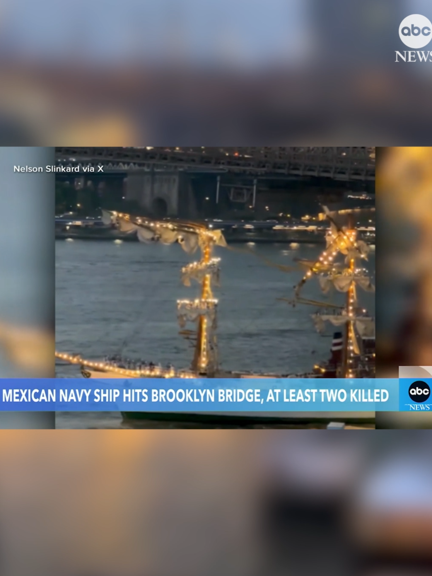 A Mexican Navy sailboat with 277 people on board crashed into the Brooklyn Bridge Saturday evening, killing two people and injuring more than a dozen others who were on board in a dramatic scene along the New York City waterfront, according to authorities. The National Transportation Safety Board is investigating, but preliminary information shows it was likely a mechanical issue with the sailboat, according to officials. #news #abcnews #newyorkcity #brooklynbridge