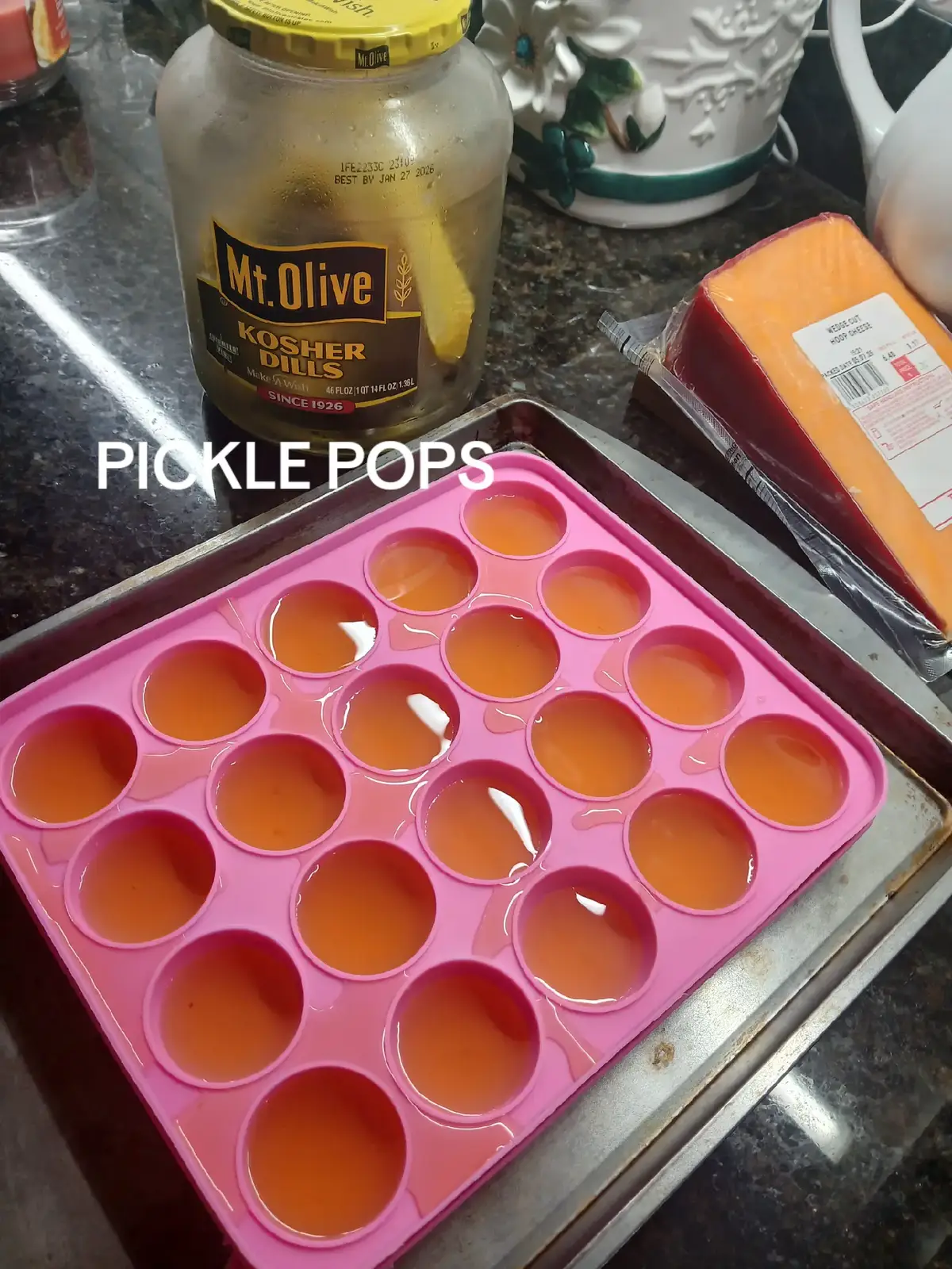 easy pickle pops made in cake pop divider! Great for those midnight lef cramps and kids who love pickles! #hometeamstrong #picklepops #cramps #snack 