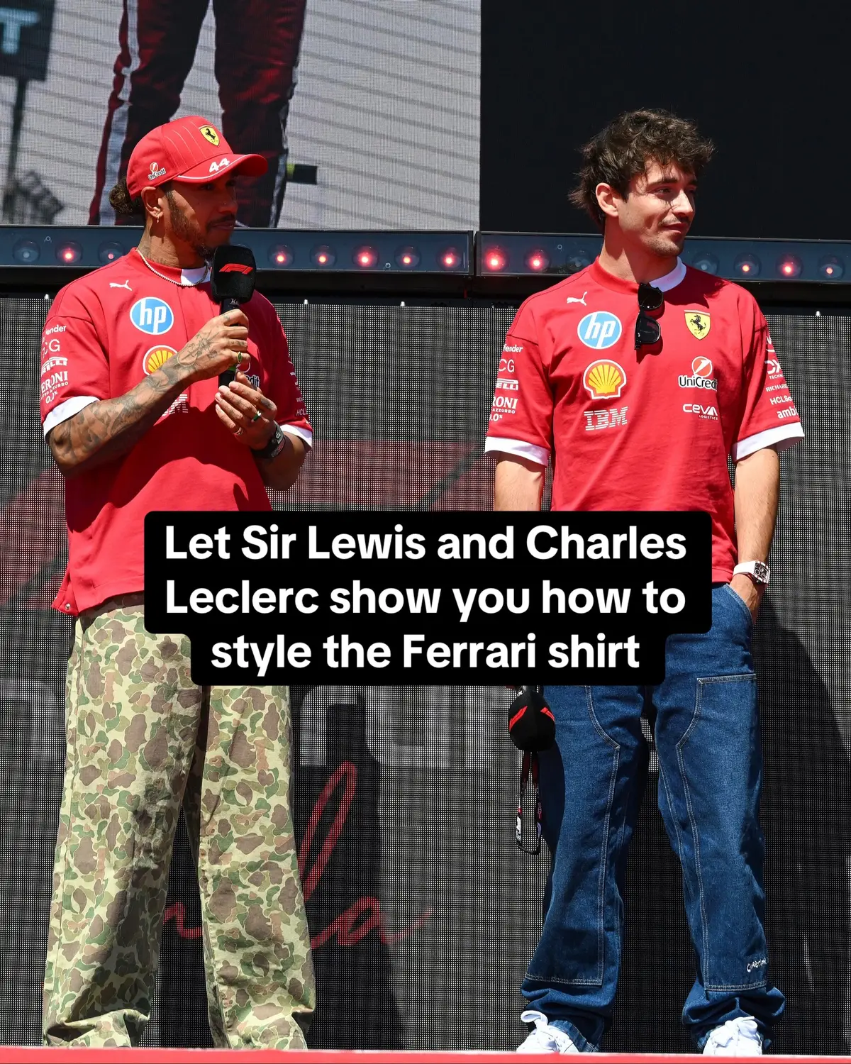 Sir Lewis Hamilton and Charles Leclerc have been giving a masterclass in how to style Ferrari merch #imolagp #f1 #formula1 #lewishamilton #charlesleclerc #ferrari 