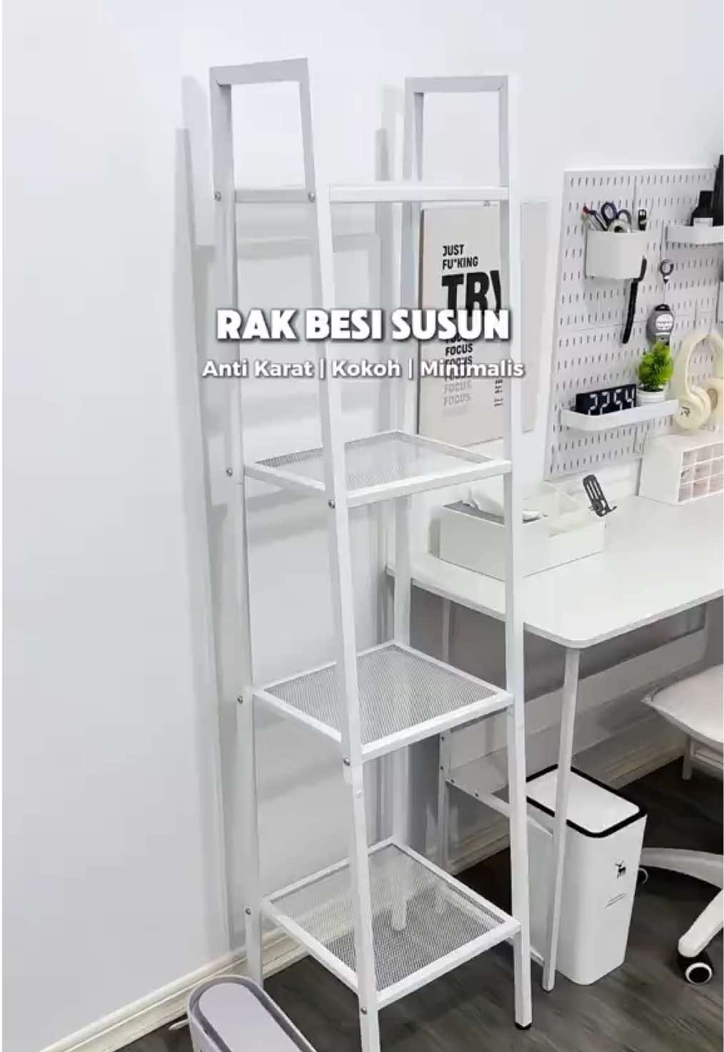 Ini dia Rak susun 4 tingkat berbahan besi yg serbaguna. Udah kokoh + anti karat. Minimalis dan bikin barang jd rapi ✨ #raksusun #raksusunserbaguna #rakbesi #rak4susun #raksusun4tingkat #kamarminimalis #kamaraesthetic 