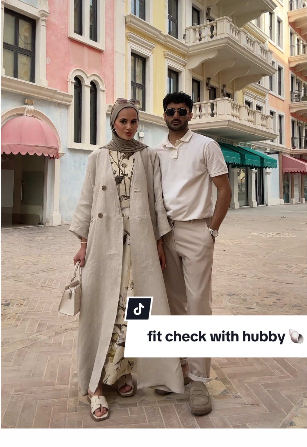 Matching fits with my bestie on holiday 🍐🌻🐚✨ #doha#qatar#holiday#couple#muslimcouple#fitcheck#modestfashion#hijab#abaya#linenabaya#qanatquartier#couplegoals#mixedcouple#jasminxomar#jasminomar 