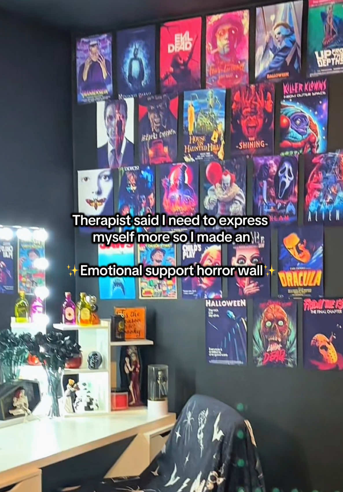 Next up above the vanity is oddities and gold frames #horrorfan #elderemo #gothdecor #gothroom #horrordecor #trending #fypシ #horrormovies #darkdecor #alttiktok #alttok #altdecor #horrorposters #movieposters 
