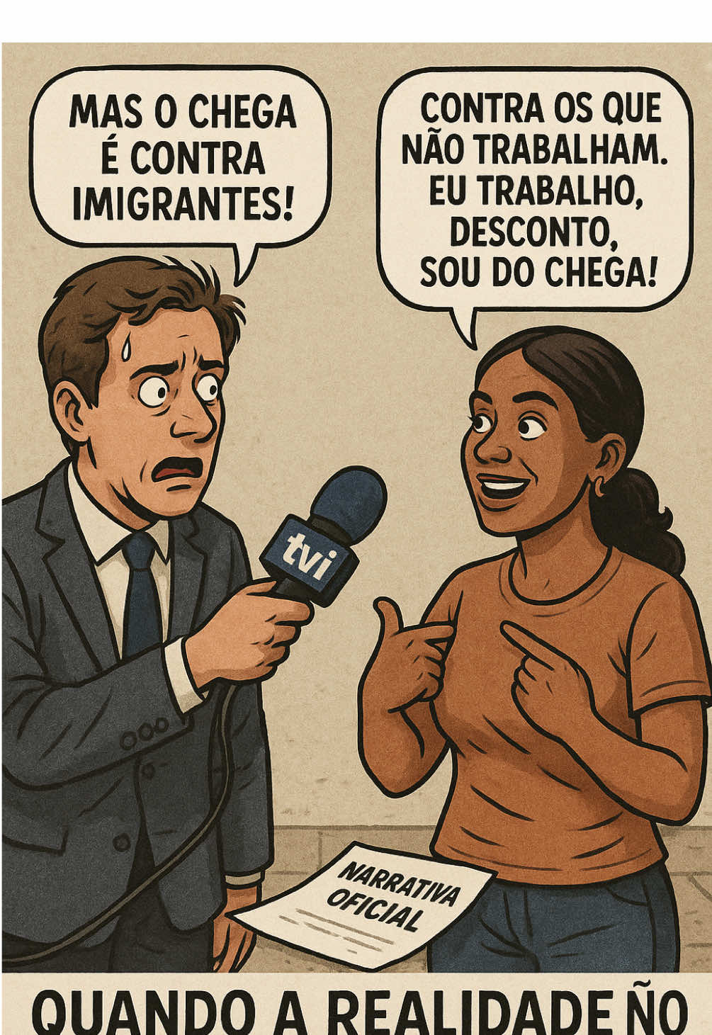 Num momento que apanhou todos de surpresa, uma imigrante entrevistada pela TVI declarou com clareza o seu apoio ao Chega. Quando o repórter, visivelmente desconfortável, tentou puxar pela velha narrativa de que o Chega é contra imigrantes, ela respondeu com firmeza: “Sim, mas eu trabalho, desconto, faço tudo direitinho. Por isso, sou do Chega.” Este momento desconstrói a habitual narrativa dos media tradicionais, que insistem em colar ao Chega a imagem de xenofobia indiscriminada. Aqui está uma cidadã estrangeira, integrada, cumpridora, que apoia o partido por acreditar que ele defende a ordem, o mérito e a justiça valores que ela própria pratica. Está de parabéns !