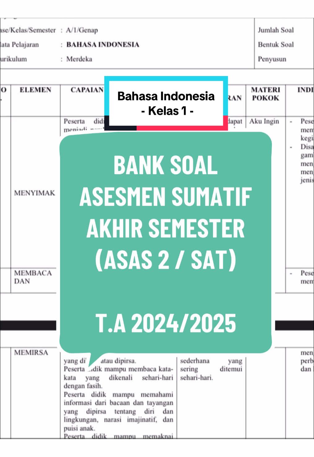BANK SOAL SAT / ASAS 2 - Bahasa Indonesia (Sumatif Akhir Tahun / Asesmen Sumatif Semester 2) #ulanganakhirsemester  KELAS 1 FASE A File Bebas Edit (Ms. WORD) ✅ Kisi-kisi ✅ Soal 25 nomor (pilga, menjodohkan, isian) ✅ Kunci Jawaban  ✅ Panduan Penilaian #soalulangan #sumatifakhirsemester #asas #pas #sat #penilaianakhirsemester #semester2 #banksoal #sas2 #banksoalsd #bahasaindonesia #bahasa #indonesia #kelasbuulfi #kelas1sd #fyp #kurikulummerdeka #fasea 