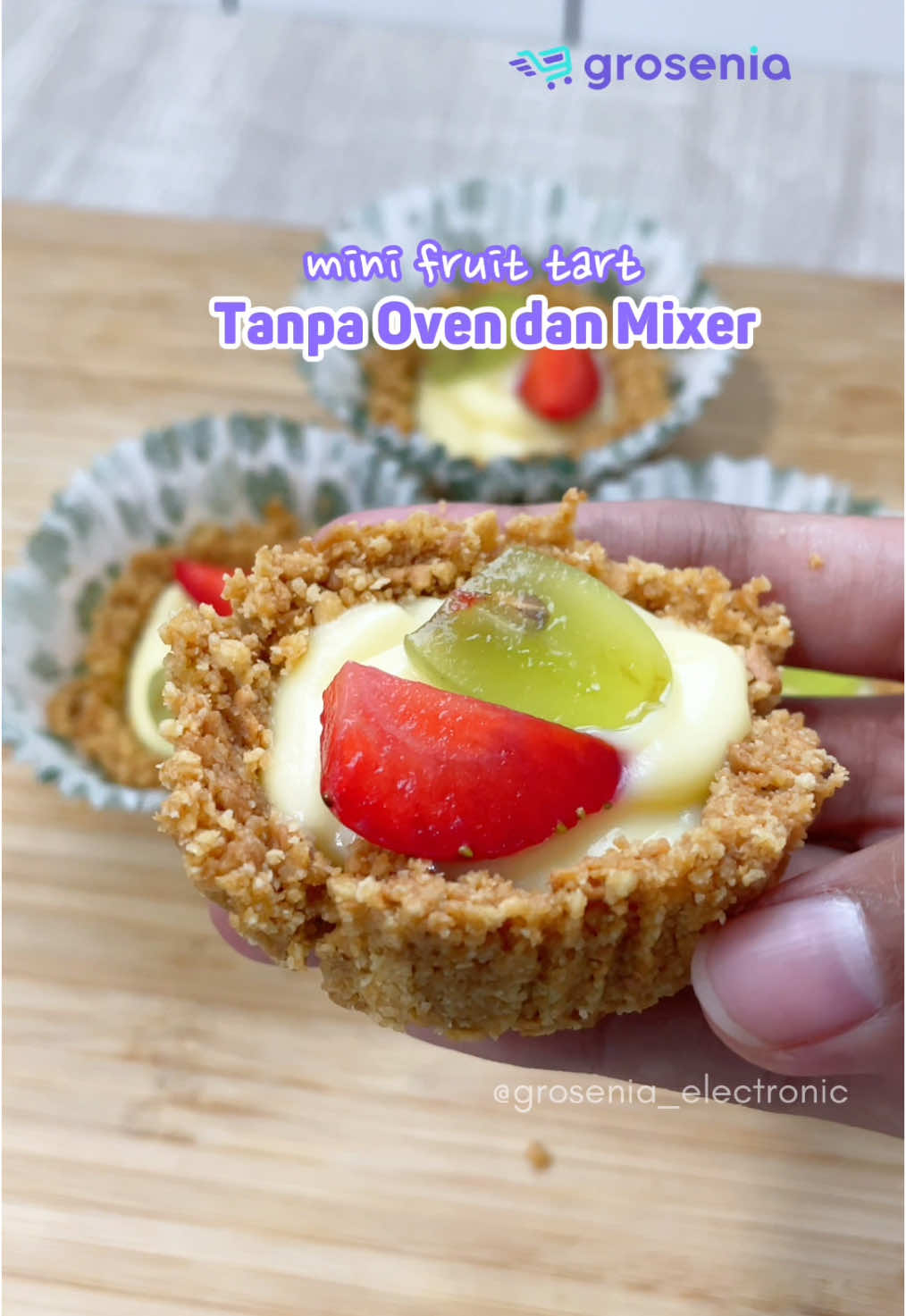 mini fruit tart🍓 jangan lupa recook, gampang tapi enakkk🫶🏼 #grosenia #groseniaelektronik #chopper #mitochibacopper #foodchopper #fruittart #cooking 