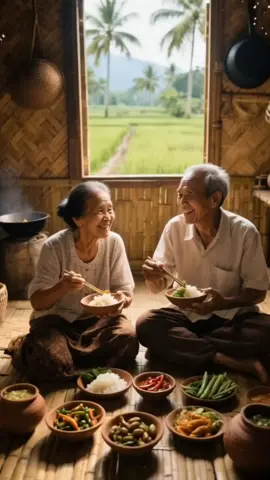 Di sebuah rumah bambu yang sederhana dengan latar sawah hijau membentang, sepasang kakek-nenek tampak bahagia menikmati hidangan tradisional Sunda. Dengan senyum hangat dan kebersamaan yang tulus, mereka duduk bersila sambil menyantap nasi hangat dan aneka lauk seperti sayur, lalapan, dan sambal dalam wadah tanah liat. Kehangatan keluarga dan kedamaian pedesaan terasa begitu nyata dalam momen penuh cinta ini. #HidanganTradisional #KakekNenekBahagia #KehangatanKeluarga #RumahBambu #SundaHeritage #MakananSunda #LalapanSunda #PedesaanIndonesia #BudayaLokal #KebahagiaanSederhana #PasanganLansia #CintaSejati #MakanBersama #PanganNusantara #SuasanaPedesaaan