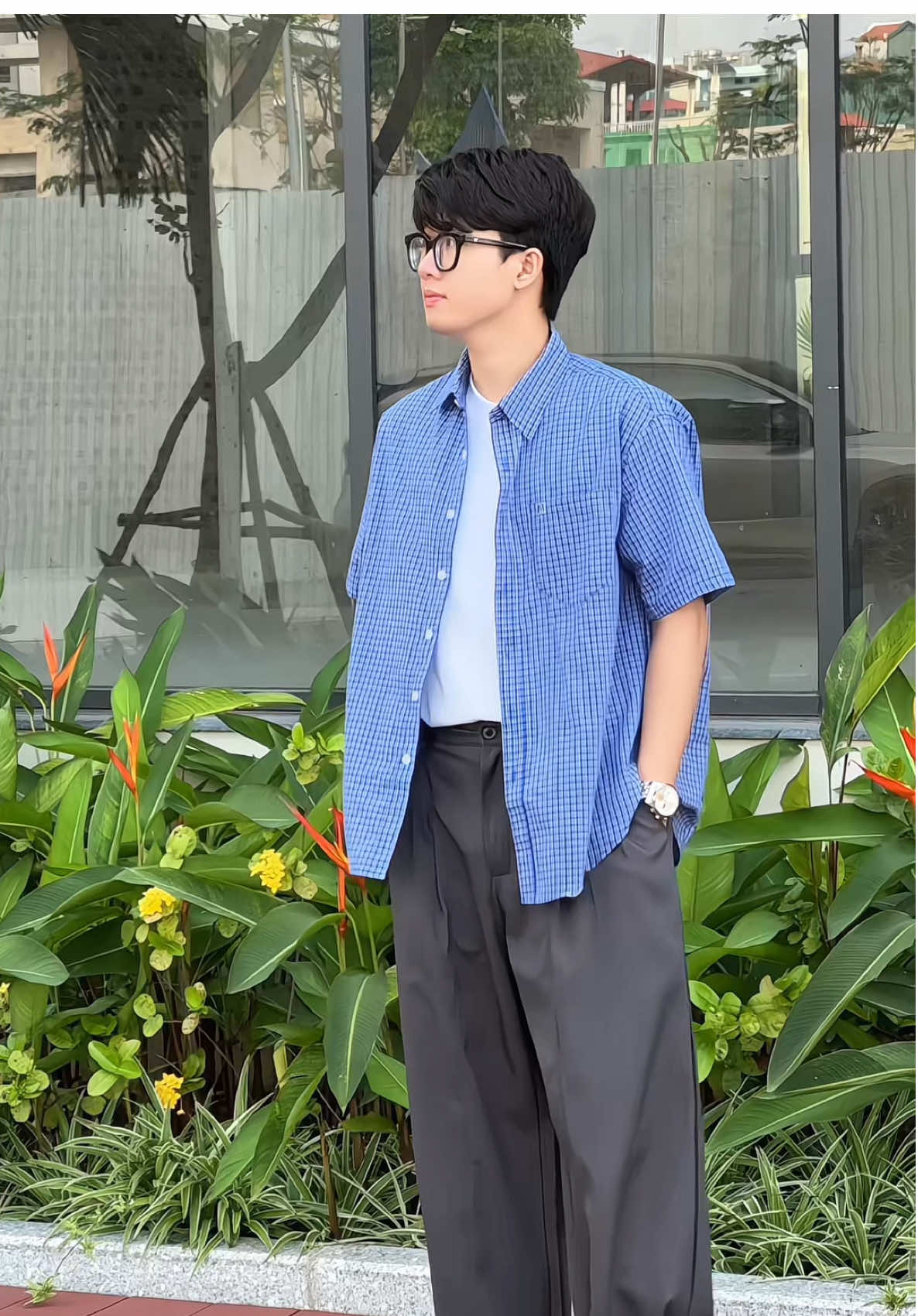 Áo sơ mi xanh kẻ caro #outfit #outfitideas #thoitrang #OOTD #aosomikecaro 