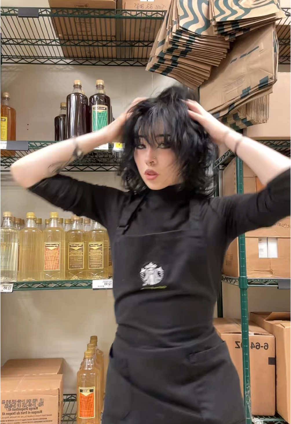 Since ya like the black apron so much 🫡 #fyp #fypシ #foryou #foryoupage #like #comment #share #trending #trend #alt #emo #goth #starbucks #barista #tattoos #hair 