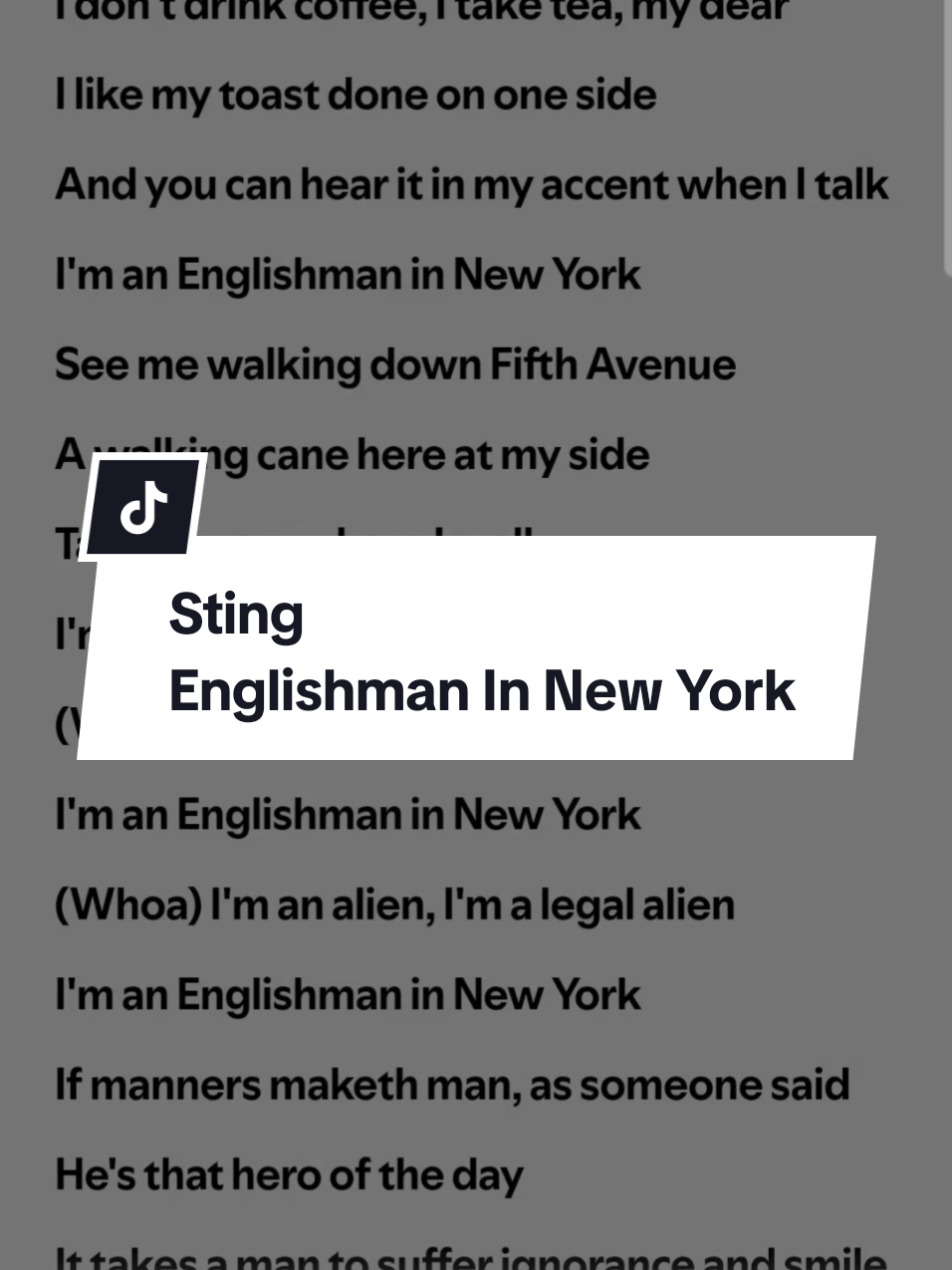 Sting - Englishman In New York  #sting #englishmaninnewyork #oldsong #lovesong #80s #90s #throwback #dance #challenge #dancechallenge #singalonglyrics #songlyrics #songwithlyrics #musiclyrics #lyricsvideo #songlyrics #lyricsvideosongs #spotify #fyp #fypシ #fypviral 