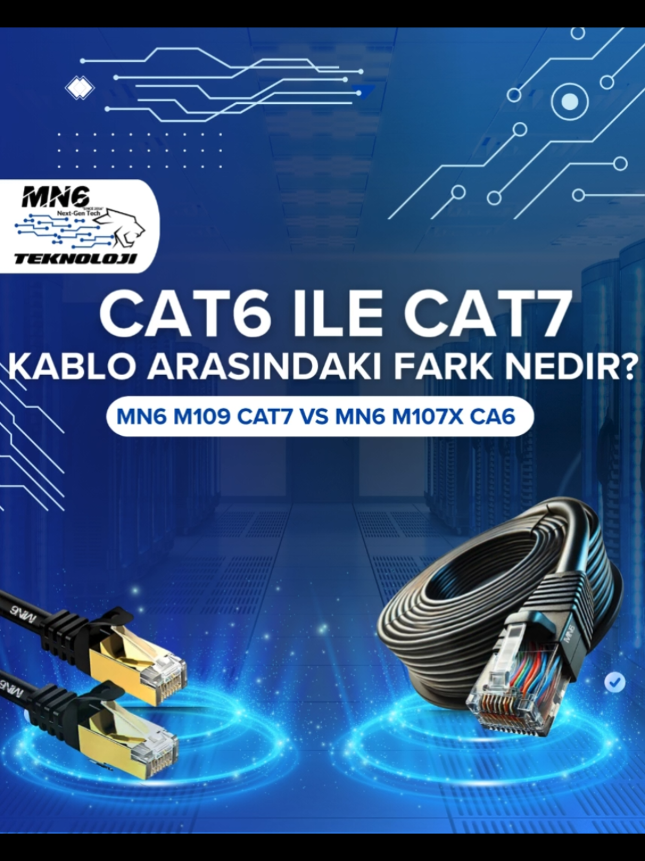 1. CAT6 ile CAT7 kablo arasındaki fark nedir? Hız: CAT6: Maksimum 1 Gbps hız sağlar (100 metreye kadar), ancak 55 metreye kadar 10 Gbps destekleyebilir. CAT7: 100 metreye kadar 10 Gbps hız desteği sunar, bu da CAT6’ya göre daha stabil ve uzun mesafede yüksek hız sağlar.. Frekans: CAT6 kablolar 250 MHz, CAT7 kablolar ise 1000 MHz frekansında çalışır. Gürültü Koruması (Shielding): CAT7 kablolar çift katmanlı korumaya sahiptir (her çift tel ayrı ayrı korunur), bu da elektromanyetik girişimi azaltır. Esneklik: CAT6 kablolar daha ince ve esnek olduğu için ev içinde döşemesi daha kolaydır. Fiyat: Genelde CAT6 kablolar daha ucuzdur. . daha fazla bilgi için www.mn6teknoloji.com.tr ziyaret edebilirsiniz . . #Türkiye #istanbul #Teknoloji #İnternet #İnternetHızı #Kablo #İnternetBağlantısı   #Hızlıİnternet #GüçlüBağlantı #technology #technews #fastinternet   #MN6 #MN6M108XF #m107x #MN6M109F #cat6 #cat7 #mn6m107x #m109 #cat7m109 #keşfet #foryou #fyp #tiktoktr