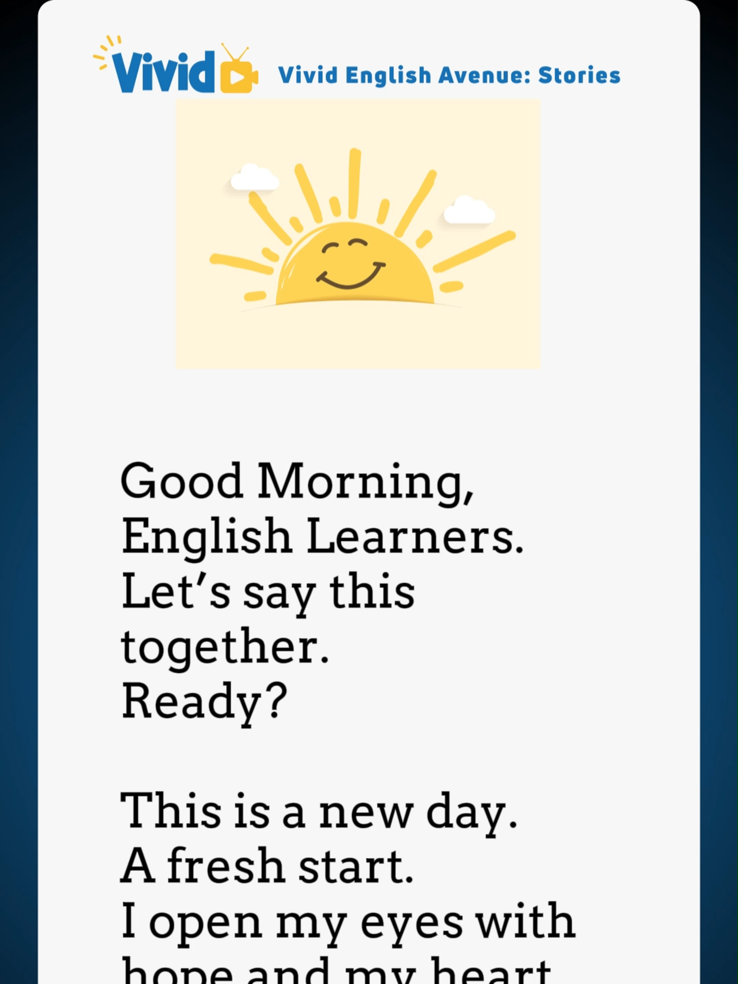 Morning Affirmation Vivid English Avenue: Stories  Improve listening, reading and speaking skills Learn English Through Stories . #learnenglish #englishlearning #englishforbeginners #englishpractice #englishteacher #englishlesson #speakenglish #englishclass #englishvocabulary #englishgrammar #englishstory #shortenglishstory #oneminutestory #storyinenglish #englishstoriesforbeginners #easystory #simpleenglishstory #englishreading #storytime #englishspeakingpractice #foryou #fyp #viral #foryoupage #trending