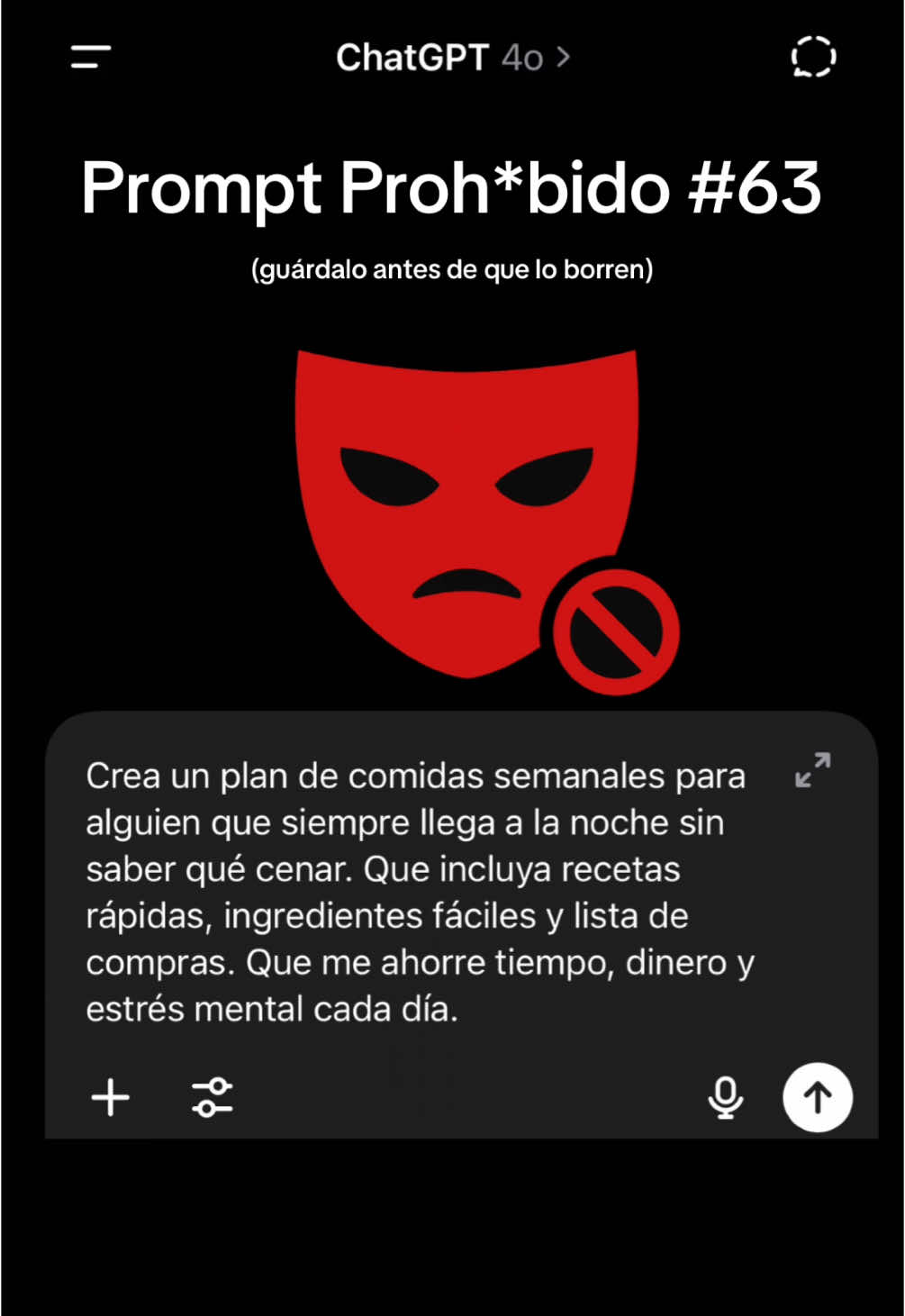 Llega la noche. Otra vez sin idea de qué cenar. Este prompt cambia eso: La IA te planifica TODA la semana con recetas rápidas, ingredientes baratos y lista de compras automática. Menos estrés. Más vida. Guárdalo y despídete del “¿qué hago de cenar? #chatgptprompt #inteligenciaartificial #dieta #comidafacil #planificacion 