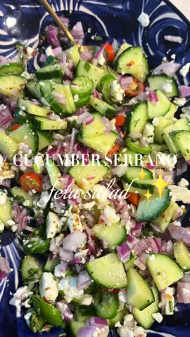 ok we are now obsessed with this!  so simple & refreshing ✨ Using @Graza aceite de oliva🫒 - recipe ⬇️ 2 English cucumber  2 Serrano’s  1/4 red onion Feta  2 lemons (juicy)  Olive oil @getgraza  Salt  Pepper Pepper flakes Parsley  Whatever fresh herbs you have 😍 . . #salad #cucumber🥒 #fetasalad #feta #Recipe #recipeideas