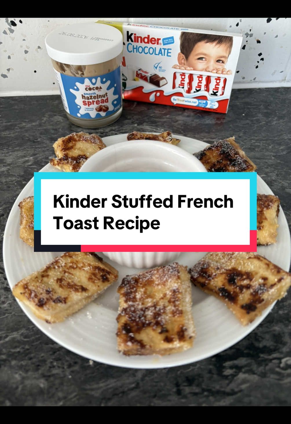 Kinder Stuffed French Toast 😍 So yummy 🤩 ✨Ingredients✨ 🍞 4 x Slices White Bread 🧈 4 tbsp x B&M Kinder Spread 🍫 2 x Kinder Bars 🥚 1 x Egg 🥛40ml x Milk 🍦Drop of Vanilla  ✨Method✨ 1- Chop the crusts off your bread & roll them out thinner with a rolling pin. 2- Spread the Kinder spread on one side of the bread. 3- Chop Kinder & sprinkle on the spread. 4- Sandwich two slices of bread together, slice in half, then half again to make them bite size.  5- Beat the egg, add your vanilla then coat your bite size French toast pieces in the egg. 7- Pan fry for around 4 minutes on each side on medium heat until browned. 8 Coat in sugar & enjoy with spread and chopped kinder. Enjoy 💖 @B&M Stores  #frenchtoastrecipe #frenchtoast #kinderfrenchtoast #kinderchocolate #katiesfoodiefinds #bakingtok 