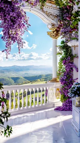 🌸🏛️ Marble balconies, gold pillars, lush views. 🌄🌿 #aiart #luxury #marble #scenicview #elegant #fantasy #palace #dreamscape #skygarden #wisteria #flowers #trending 