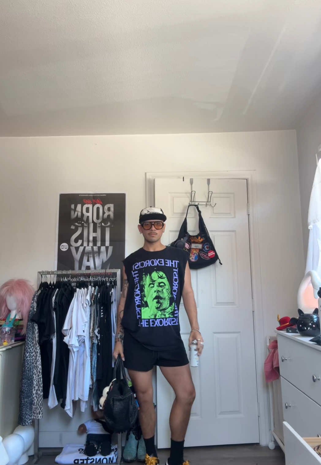 Im not always dolled up you guys. Chill outfit today, chill outfit   Hat: @Urban Outfitters  Sunnies: I think wild fable from target  T shirt: @buffalo exchange  Shorts: @H&M  Shoes: @adidas  Bag: @alexanderwang  #OOTD #stupidlittlegayoutfit #gay #outfitinspo #urbanoutfitters #mensstyle #chilloutfit #fyp 