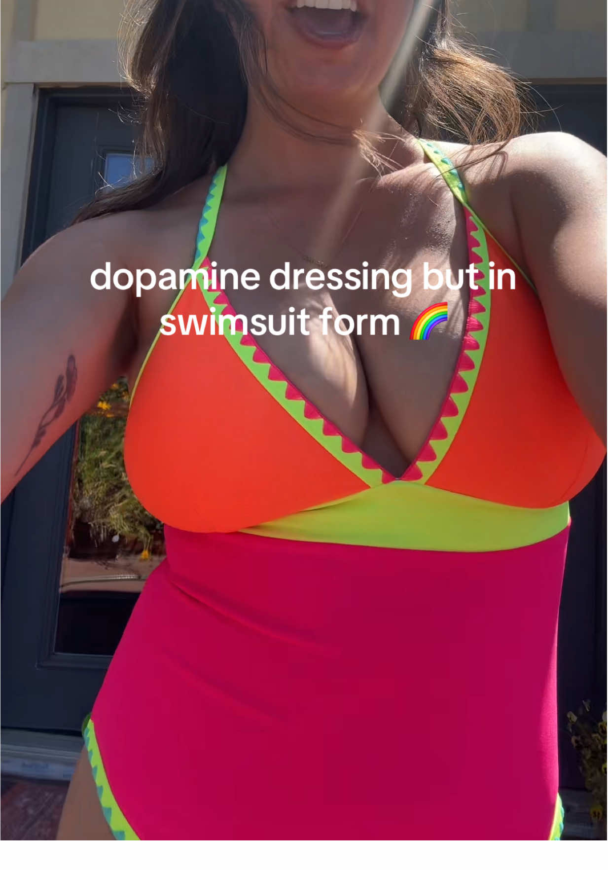 dopamine dressing but make it swimwear!!! how stinking cute is this @popvilshop one piece 💕 so bright and fun!! wearing a size S and I’m 5’2 // 115 with a DDD #onepiece #onepieceswimsuit #swimsuits #neonswimsuit #swimwear #tiktokshopmemorialday 